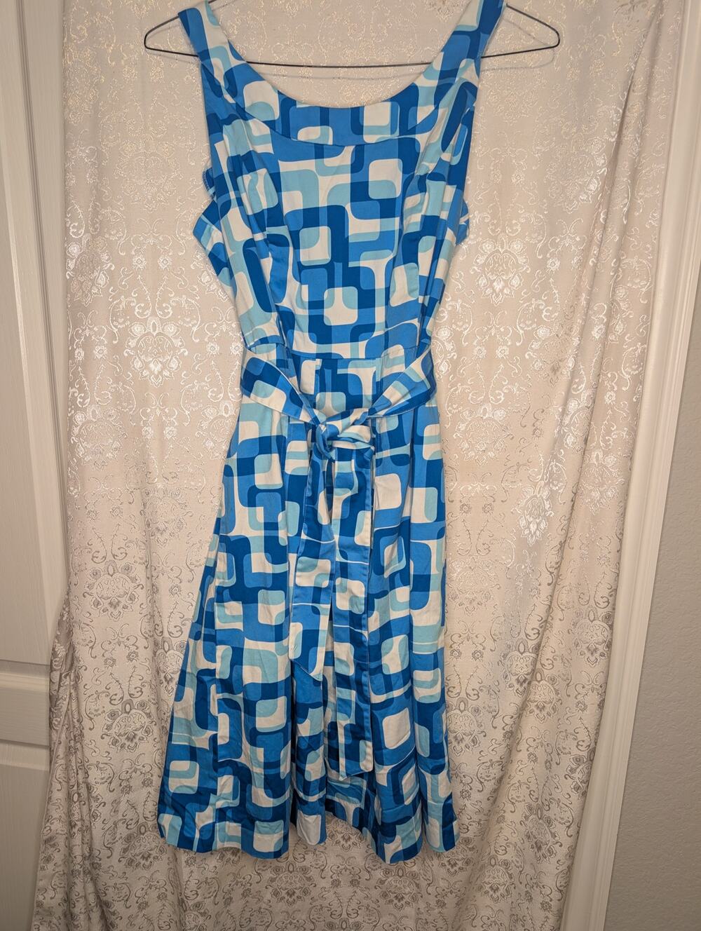 London Style Collection Retro Mod Geometric Dress Blue Squares Sz 14